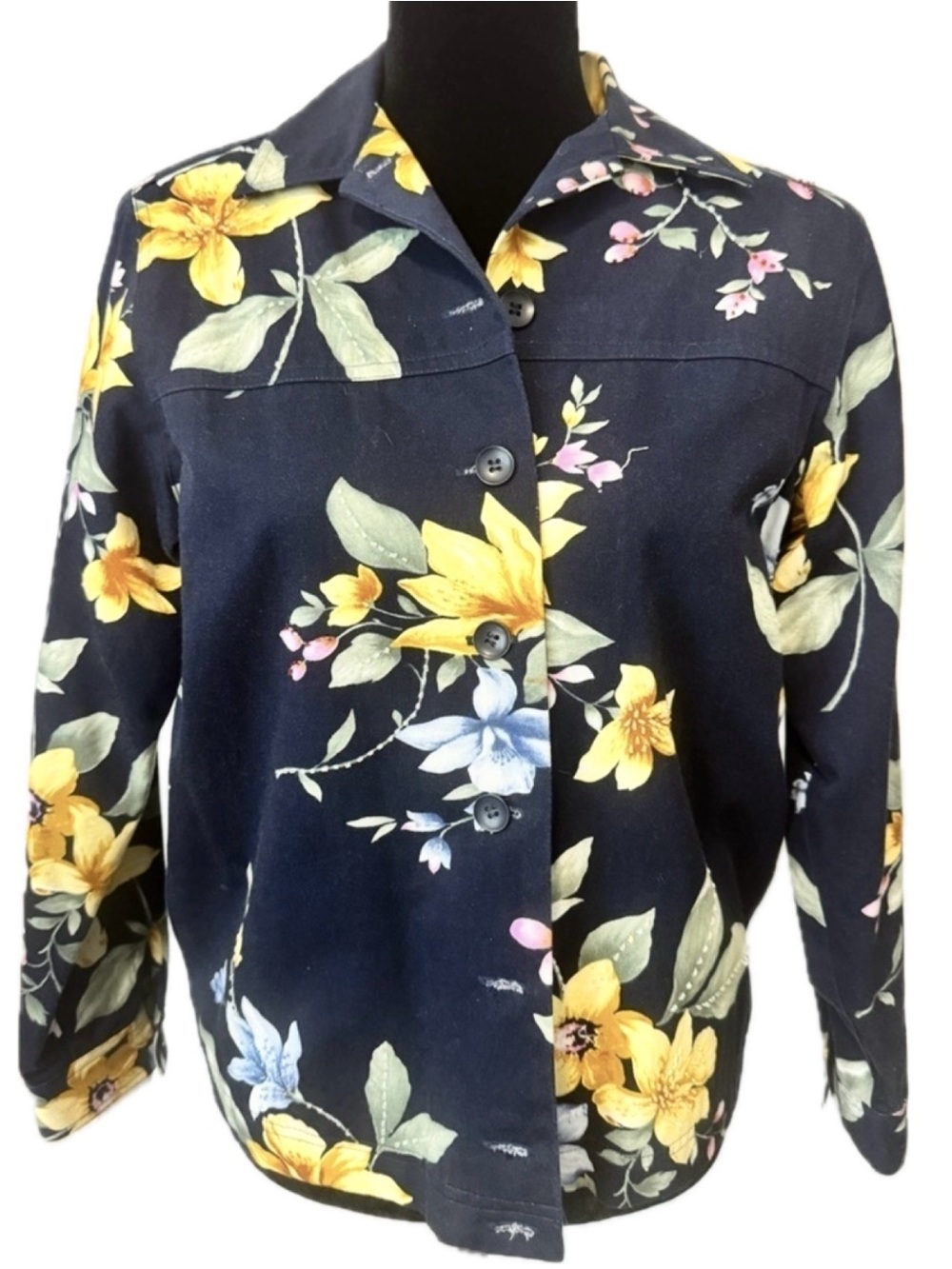 Alfred Dunner Petite Floral Jacket Navy Lightweight Button Front Blazer 6P